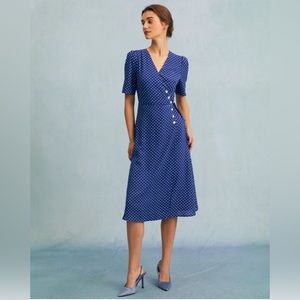 NWOT RIHOAS The Blue V Neck Polka Dot Wrap Midi Dress Sz M
